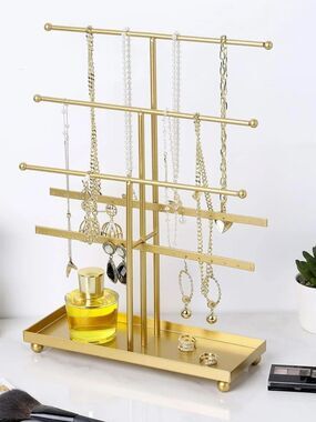 MyGift 5-Tier Gold Metal Jewelry Organizer Stand with Earring Hooks & Ring Tray